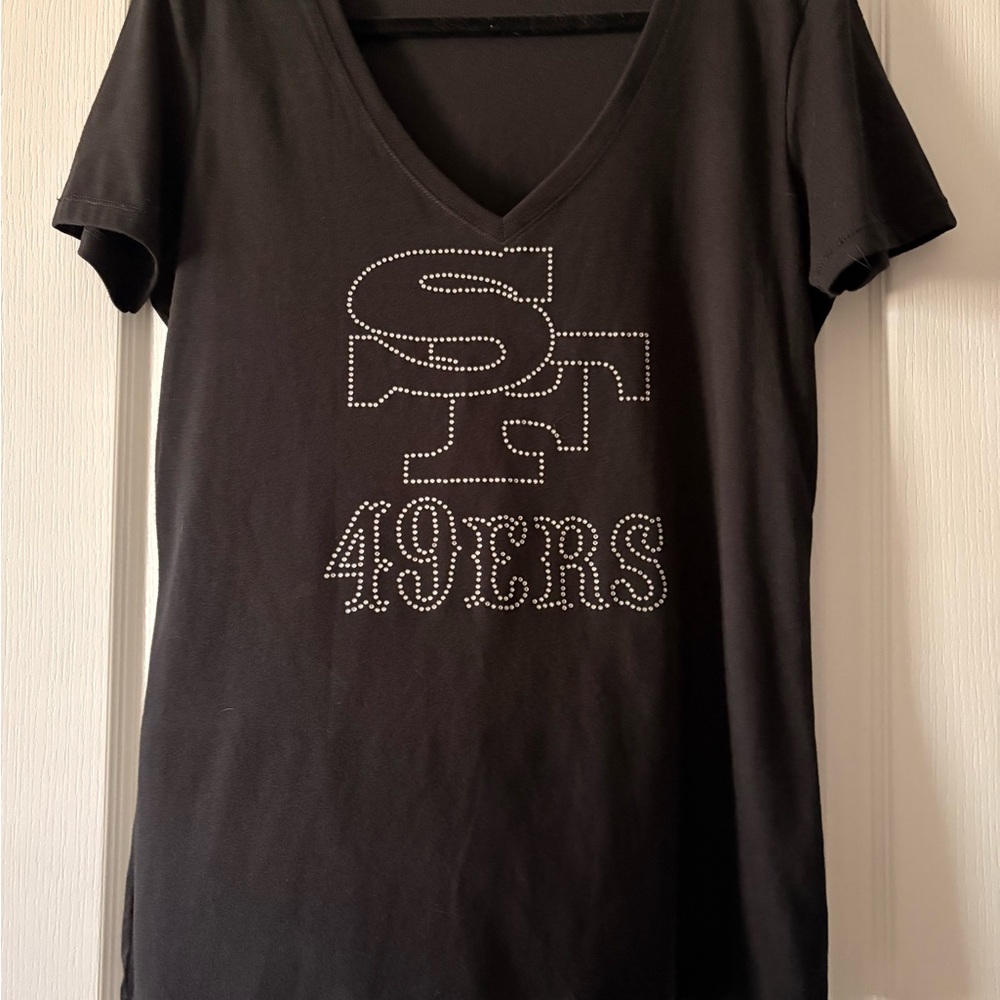 Black Women's SF 49ers Rhinestone V-Neck Blouse